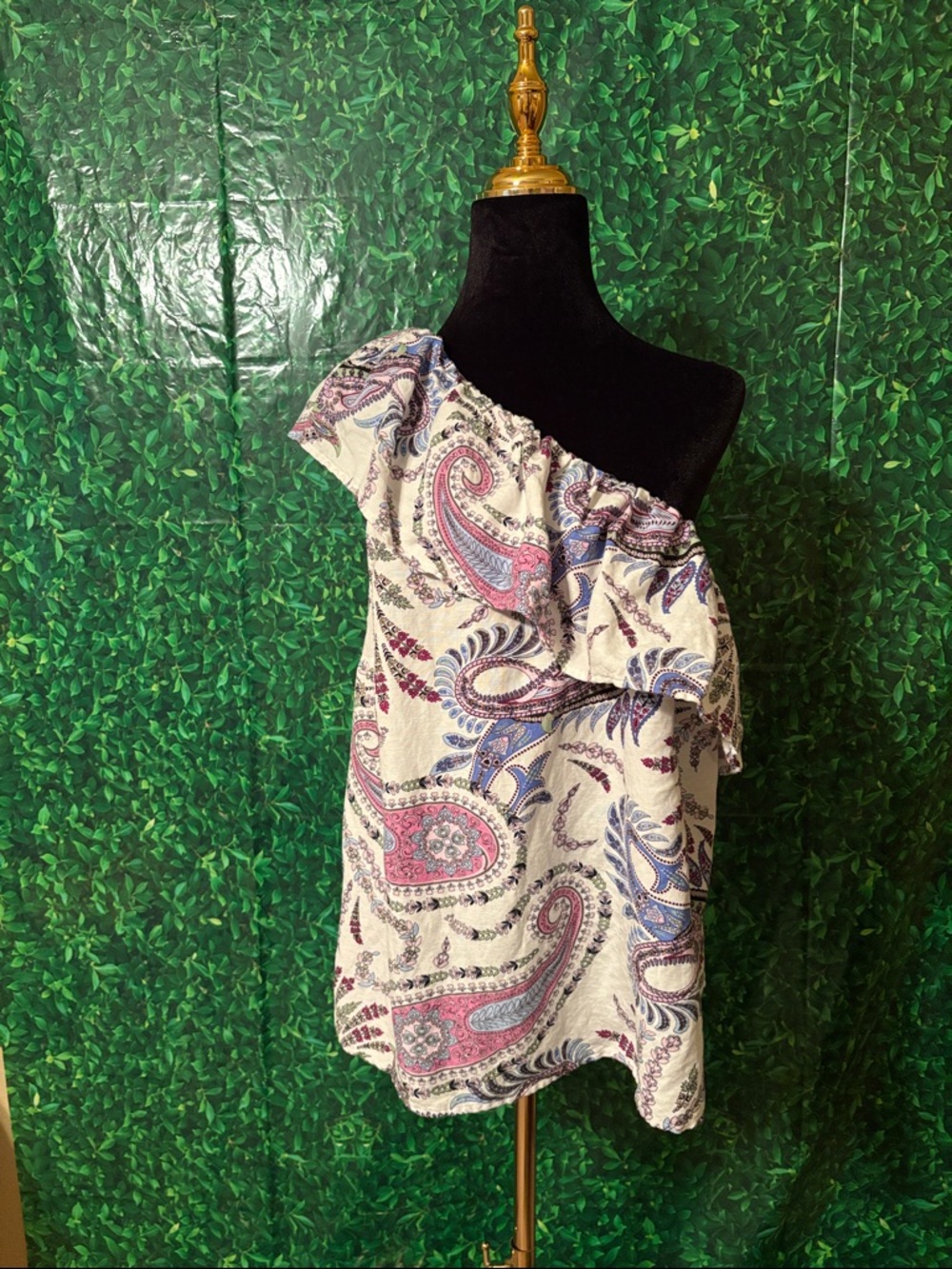 Loft Fashion One-Shoulder Paisley Ruffle Top in White, Pink & Blue